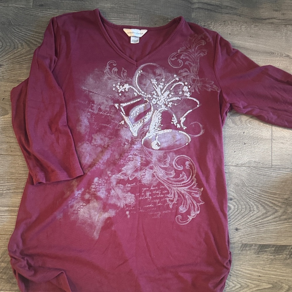 Christopher & Banks Burgundy V-Neck Top with Floral Design